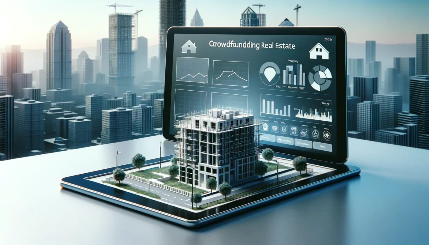 Plataforma digital de crowdfunding inmobiliario mostrando un proyecto turístico en construcción. Gráficos y datos en pantalla con fondo urbano.