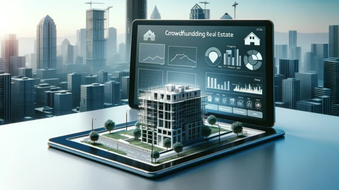 Plataforma digital de crowdfunding inmobiliario mostrando un proyecto turístico en construcción. Gráficos y datos en pantalla con fondo urbano.