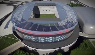 Visualización del nuevo estadio de Cruz Azul. Diseño moderno con estructura circular y techo transparente. Campo de fútbol visible en el interior.