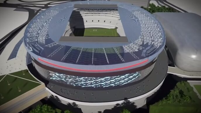 Visualización del nuevo estadio de Cruz Azul. Diseño moderno con estructura circular y techo transparente. Campo de fútbol visible en el interior.