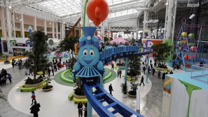 venue/architecture
Interior del American Dream Mall, un gran centro comercial con parque temático. Diseño moderno y colorido. Atracciones para familias y niños.