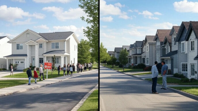 venue/architecture

Dos imágenes yuxtapuestas muestran el mercado de bienes raíces. La primera, una fila de personas esperando para comprar una vivienda. La segunda, dos personas hablando en la calle.