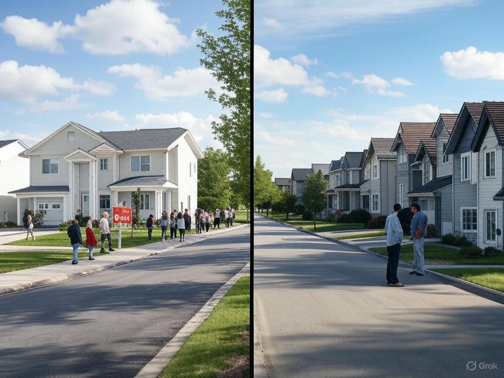 venue/architecture

Dos imágenes yuxtapuestas muestran el mercado de bienes raíces. La primera, una fila de personas esperando para comprar una vivienda. La segunda, dos personas hablando en la calle.