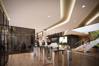 venue/architecture
Recepción moderna con el logo de Indiba. Diseño interior para eventos Inmobiliare Summits. Arquitectura vanguardista en México.