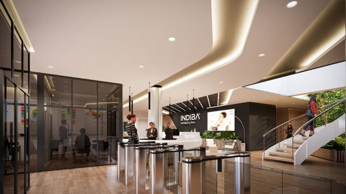venue/architecture
Recepción moderna con el logo de Indiba. Diseño interior para eventos Inmobiliare Summits. Arquitectura vanguardista en México.