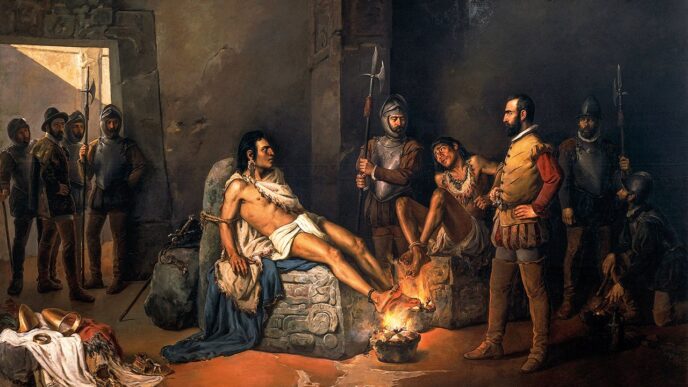 venue/architecture

Cuauhtémoc torturado, pintura histórica. El líder mexica sufre a manos de conquistadores españoles. Contexto histórico en México.