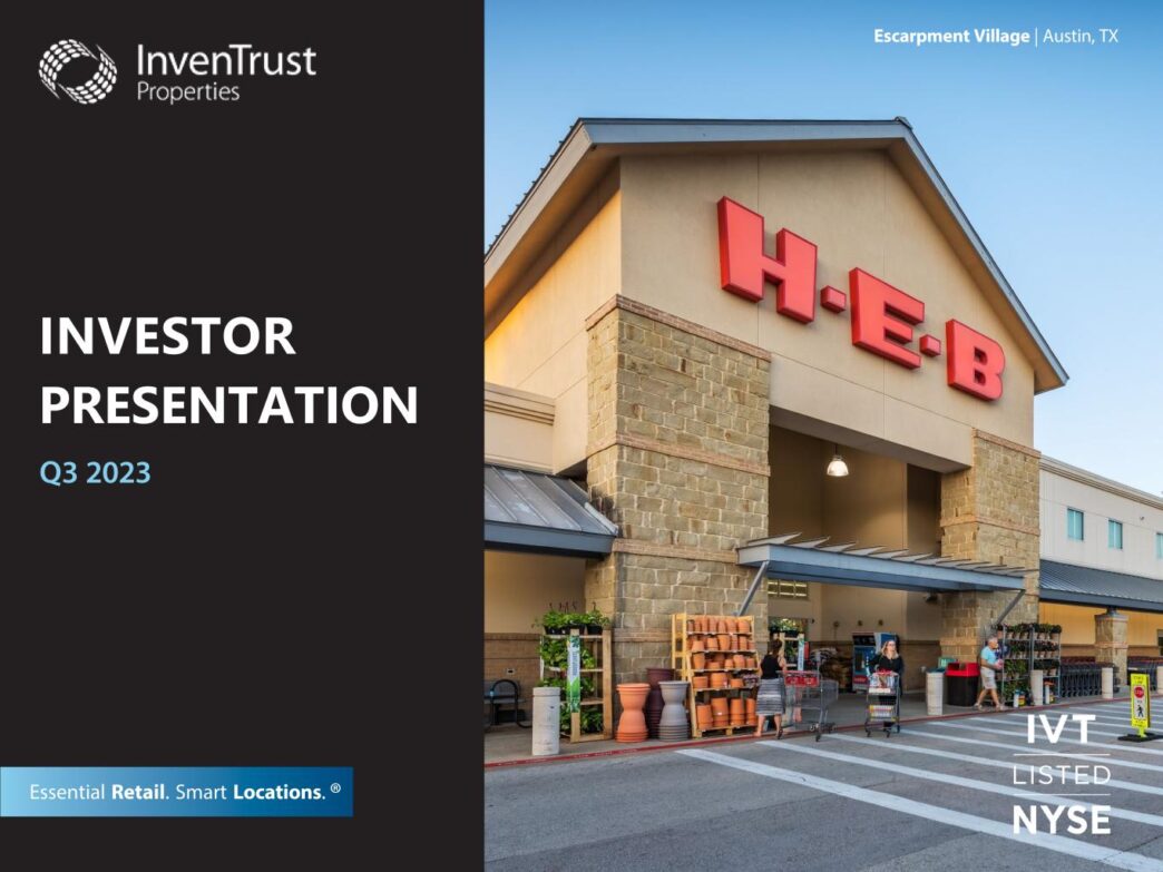Inversión en vivienda accesible: Presentación trimestral de InvenTrust, Q3 2023. Tienda H-E-B en Austin, TX. Foco en retail esencial e IVT listado.