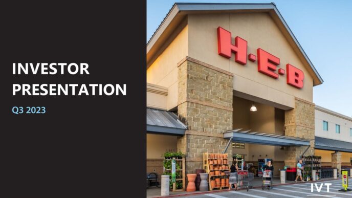 Inversión en vivienda accesible: Presentación trimestral de InvenTrust, Q3 2023. Tienda H-E-B en Austin, TX. Foco en retail esencial e IVT listado.