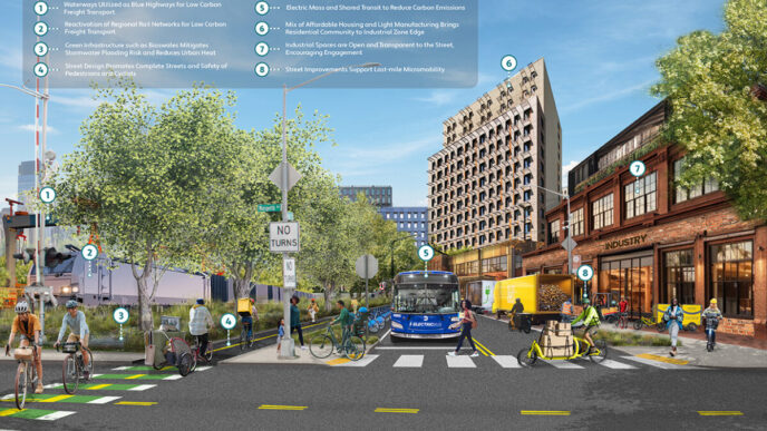 Diseño urbano sostenible con ciclovías y transporte público eléctrico. Espacios industriales y residenciales integrados en la ciudad. #InmobiliareSummits #RealEstate #LATAM