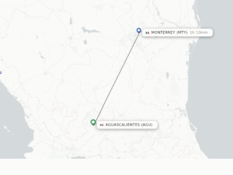 Mapa de ruta aérea entre Monterrey y Aguascalientes, relevante para la inversión automotriz turca de ocho mdd en Aguascalientes. Detalle gráfico.