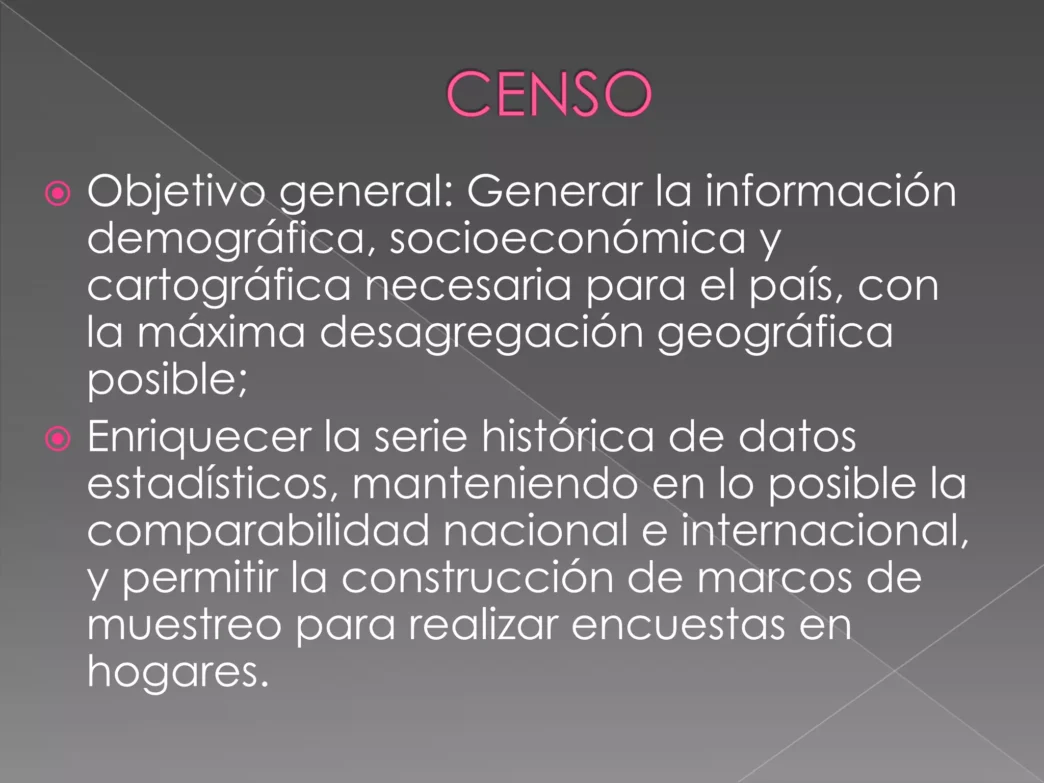 Sponsors/Branding

Diapositiva sobre el objetivo general del censo, destacando la información demográfica y socioeconómica. Inmobiliare Summits.