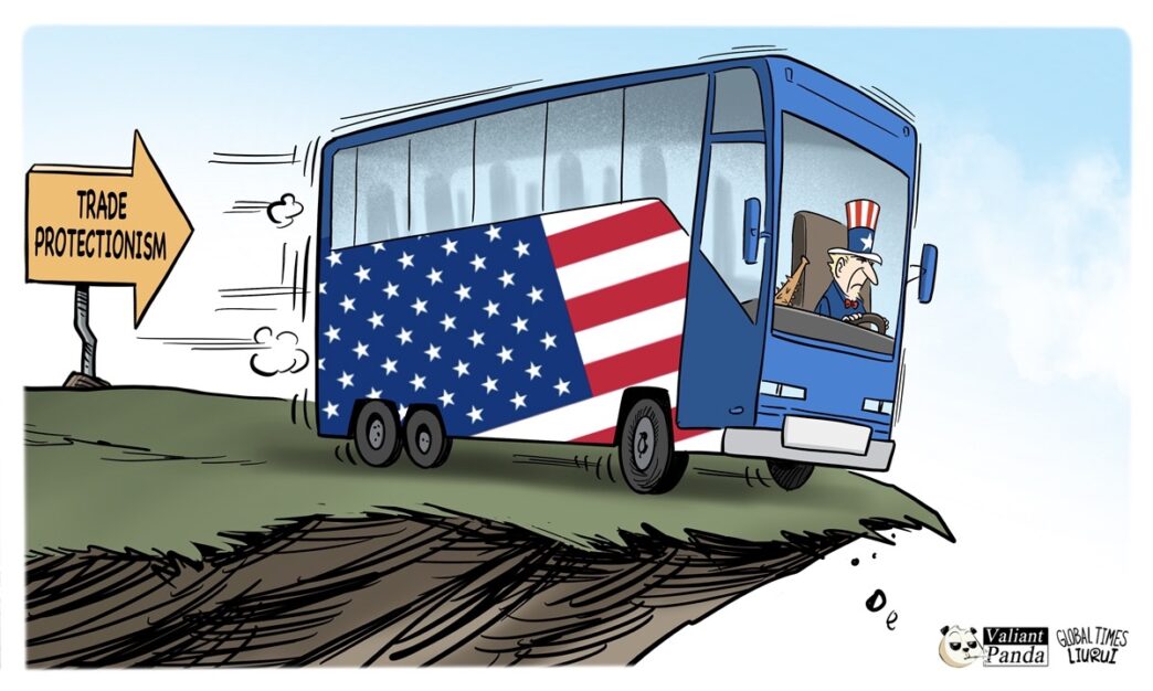 Caricatura política: autobús con bandera de EE. UU. al borde de un precipicio, señalando Proteccionismo Comercial. Implicaciones para el real estate LATAM.