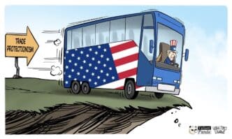 Caricatura política: autobús con bandera de EE. UU. al borde de un precipicio, señalando Proteccionismo Comercial. Implicaciones para el real estate LATAM.