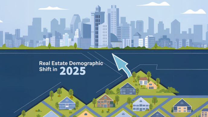 Ilustración de desafíos demográficos: casas que ascienden hacia el horizonte urbano, simbolizando el impacto en el mercado inmobiliario en 2025.