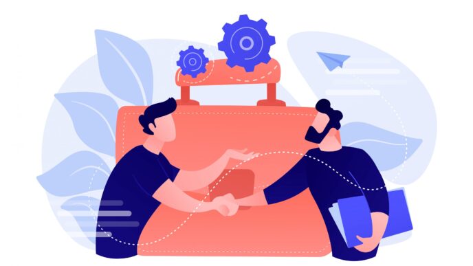 networking/expo
Dos personas se dan la mano frente a un maletín con engranajes. Ilustración conceptual de negocios y networking en Inmobiliare Summits.