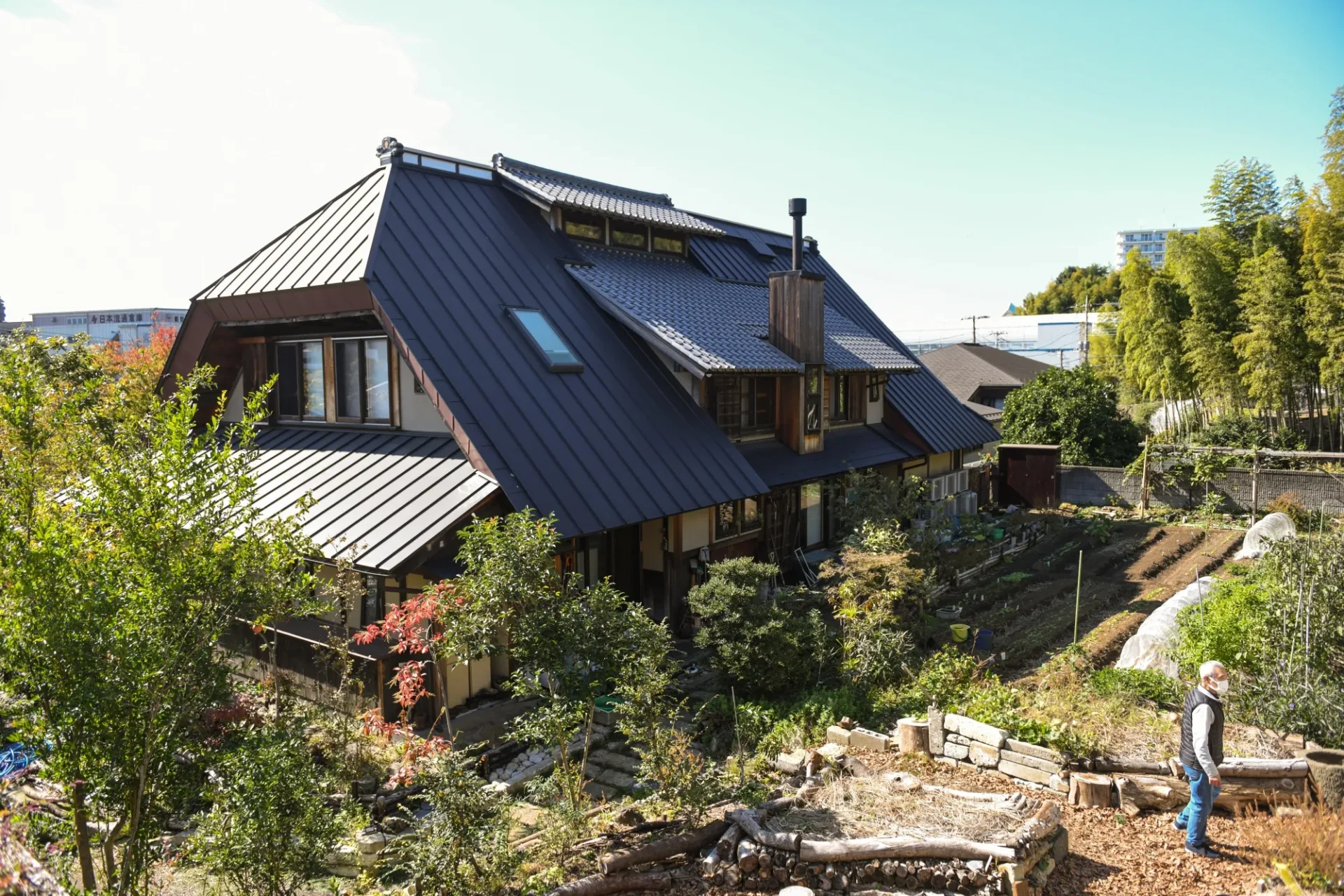 Vista de una casa sostenible con tejado a dos aguas en South East, rodeada de vegetación y un huerto. Un nuevo horizonte para la arquitectura ecológica.