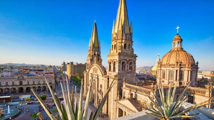 Venue/Architecture.
Vista aérea de la Catedral de Guadalajara, sede de Inmobiliare Summits. Arquitectura colonial en el corazón de la ciudad, México.