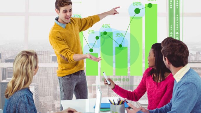 Equipo analizando el crecimiento digital con gráficas en desarrollo web. Impulso al comercio digital en reunión con indicadores modernos.