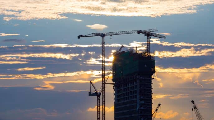 Venue/architecture.
Construcción de viviendas sustentables por Aedas Homes y Holcim en España. Proyecto inmobiliario con grúas al atardecer. Real estate.