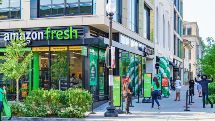 Tienda Amazon Fresh en Glendale con gente esperando. Estrategias de mercado en desinversión y oportunidades visibles. Fachada moderna y letreros verdes.