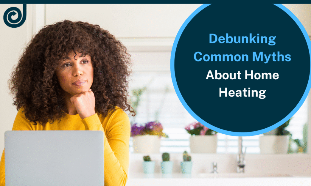 Mujer pensando en eficiencia energética en el hogar frente a su laptop. Diseño gráfico sobre mitos de calefacción doméstica. Desmintiendo mitos.