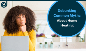 Mujer pensando en eficiencia energética en el hogar frente a su laptop. Diseño gráfico sobre mitos de calefacción doméstica. Desmintiendo mitos.