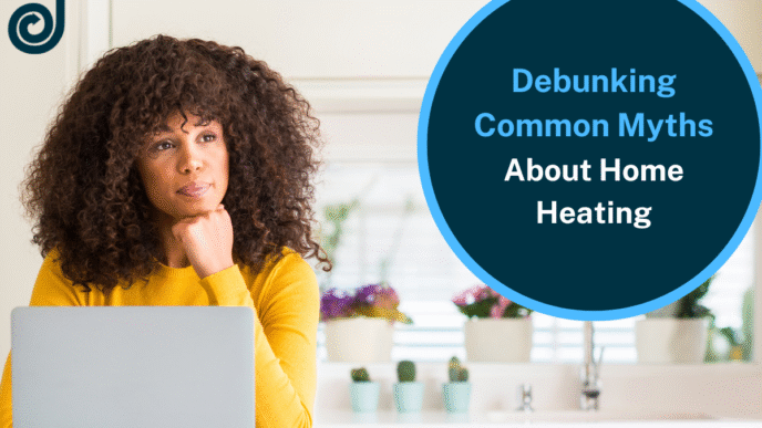 Mujer pensando en eficiencia energética en el hogar frente a su laptop. Diseño gráfico sobre mitos de calefacción doméstica. Desmintiendo mitos.