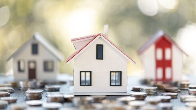 Mercado de vivienda en renta: Miniaturas de casas con monedas. Refleja el auge post-pandemia en el sector inmobiliario de alquiler.