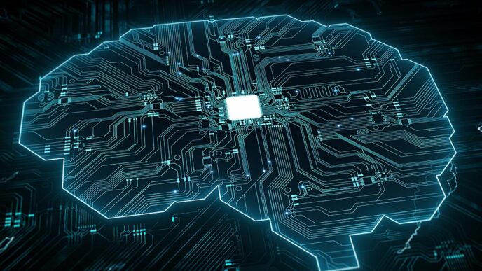 Ilustración de un cerebro hecho con circuitos, representando la IA autónoma en la manufactura deviceWISE. Tecnología e innovación digital.