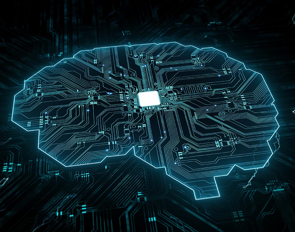 Ilustración de un cerebro hecho con circuitos, representando la IA autónoma en la manufactura deviceWISE. Tecnología e innovación digital.