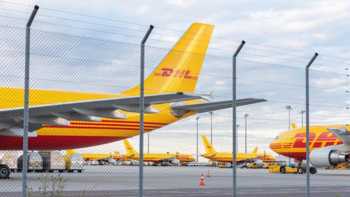 Vista de aviones DHL en el Aeropuerto de Querétaro, supervisando la obra de su HUB. Logística express y transporte aéreo de carga en expansión.