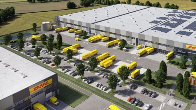 Vista aérea del nuevo centro logístico sustentable de DHL Supply Chain en Alemania, mostrando camiones, paneles solares y áreas verdes.