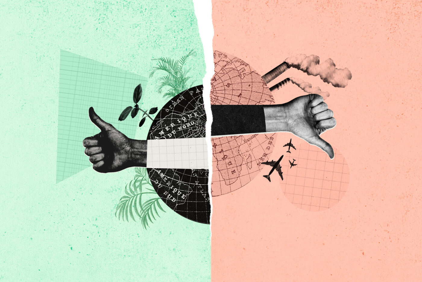 Ilustración conceptual del impacto ambiental en Inmobiliare Summits. Mano aprueba la naturaleza, otra rechaza contaminación. Diseño urbano, México.