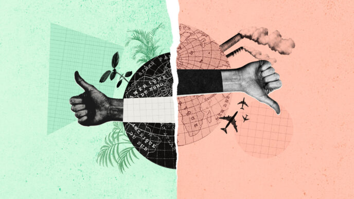 Ilustración conceptual del impacto ambiental en Inmobiliare Summits. Mano aprueba la naturaleza, otra rechaza contaminación. Diseño urbano, México.