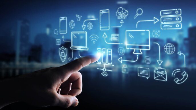 Abstracto: Mano interactuando con iconos digitales en el sector inmobiliario. Digitalización y proptech en Inmobiliare Summits México.