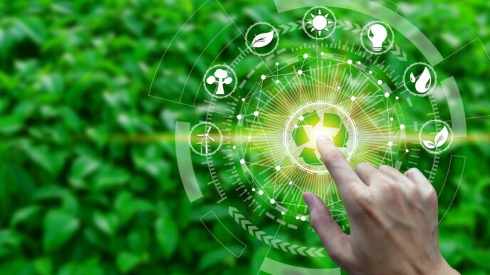 Concepto de sostenibilidad en Inmobiliare Summits. Mano interactuando con interfaz digital de reciclaje. Iniciativas ecológicas en México.