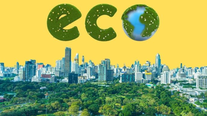 Ciudad con parque y rascacielos. Diseño ECO para Inmobiliare Summits, evento de real estate en LATAM. Conferencia sobre sostenibilidad.