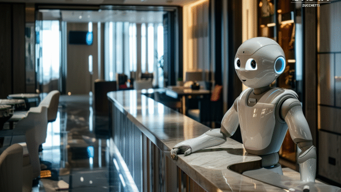 Robot humanoide en hotel moderno, reflejando la evolución hotelera y tendencias futuras en hospitalidad. Innovación y automatización en negocios.