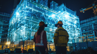 Obreros con realidad virtual gestionando obra con IA. EarthCam revoluciona la construccion, optimizando la gestion visual y la seguridad.
