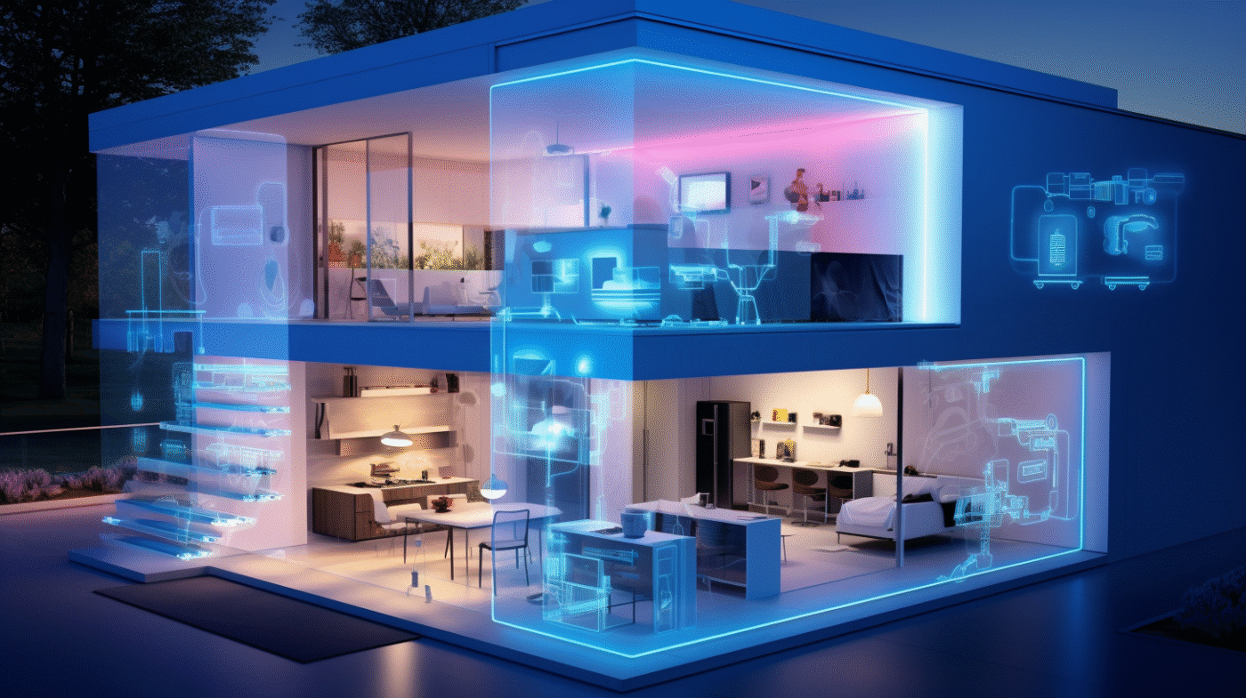 Visualización 3D de una casa moderna con ecosistema de energía inteligente, destacando la transformación en real estate con tecnología integrada.