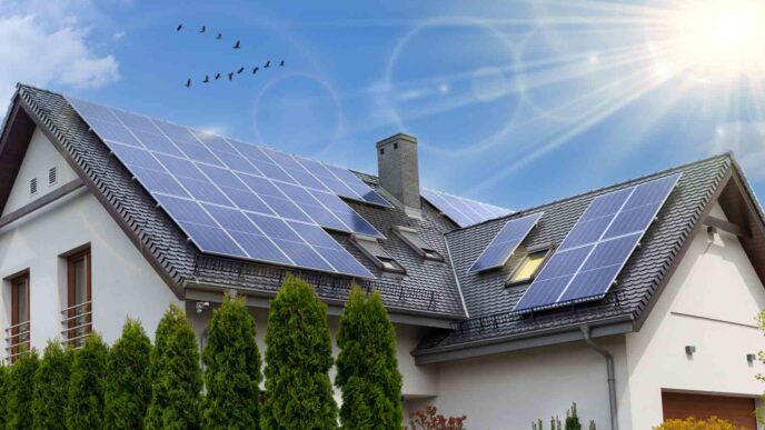 venue/architecture

Casa con paneles solares en el tejado bajo un cielo azul brillante. Energía renovable en bienes raíces, arquitectura sostenible.