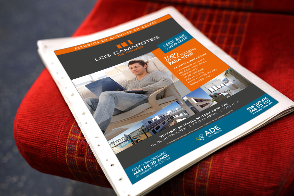 Folleto de ADE Inmobiliaria promocionando estudios en alquiler en Gelves. Diseño para Inmobiliare Summits, sector real estate.