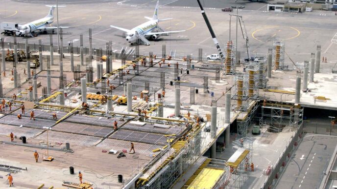 venue/architecture
Construcción del AIFA, proyecto de infraestructura en México. Vista aérea de la obra con trabajadores. Inmobiliare Summits, real estate.