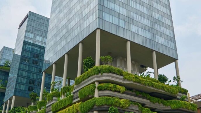 Arquitectura sostenible: Edificios eléctricos con jardines verticales. Real Estate verde y futuro urbano. Diseño innovador y ecológico. 100% eléctricos.