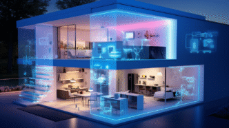 Casa moderna con eficiencia energética y transformación digital, destacando la integración de tecnología inteligente y diseño sostenible. Iluminación LED