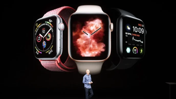 Presentación de Apple Watch: Tres relojes inteligentes mostrando diferentes interfaces y funciones. Innovación tecnológica y estilo.