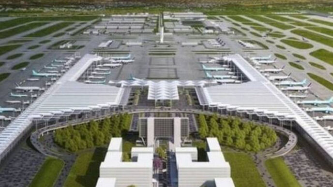 Vista aérea del Aeropuerto Internacional Felipe Ángeles (AIFA), un proyecto que impacta el sector inmobiliario. Diseño moderno y gran escala.