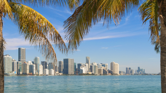 City/Destination
Miami, destino de Inmobiliare Summits. Vista del horizonte urbano y el mar, palmeras en primer plano. El auge inmobiliario atrae inversores LATAM.