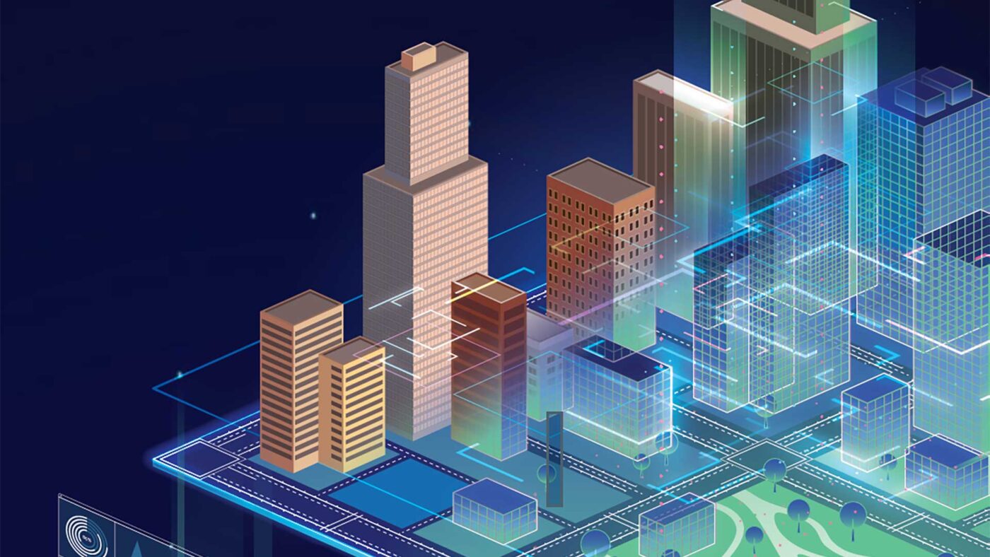 Ilustración isométrica de edificios que representan gemelos digitales, concepto del futuro de la construcción y gestión urbana con tecnología BIM.