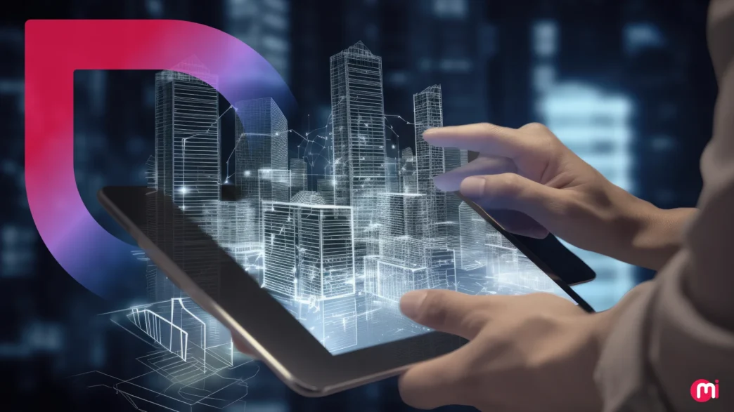 Mano interactuando con un modelo digital de ciudad en tablet. El futuro del frontend en Real Estate con AI y SaaS visualizado.